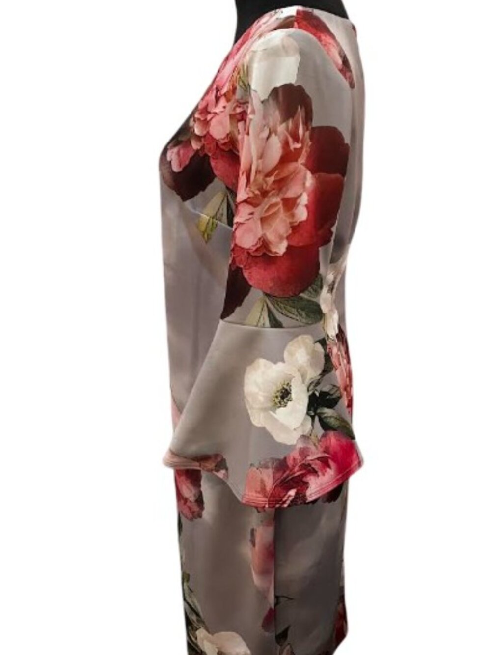 Calvin Klein Gray and Pink Floral Bell Sleeve Midi Sheath Dress  Size 8 Like New - Picture 3 of 13